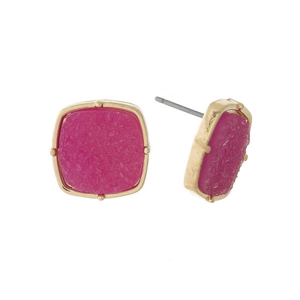 Fuchsia square stud earrings - Just A Little Tea